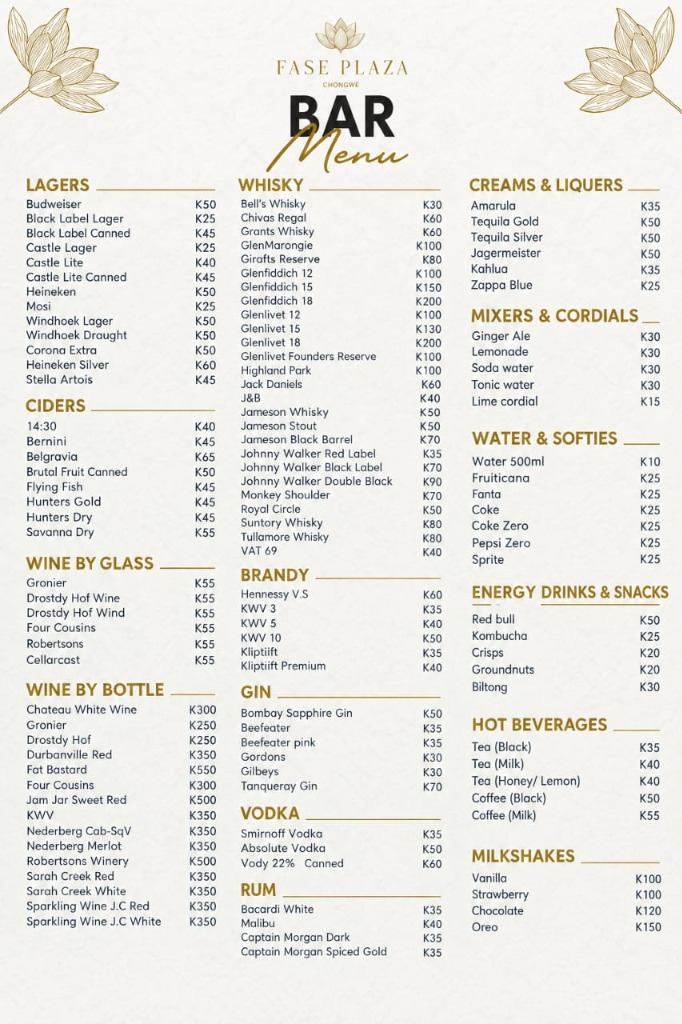 FASE Plaza Bar Menu Poster
